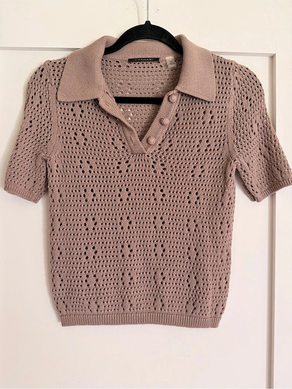 Tahari Open Knit Collared Taupe Short Sleeve Sweater